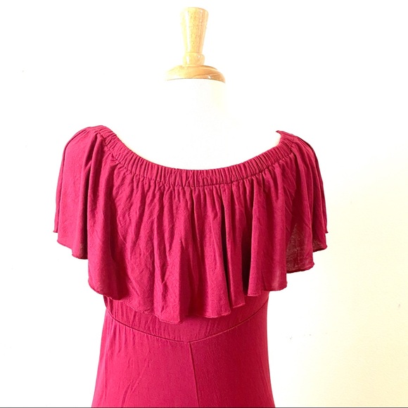 Burgundy Off Shoulder Knit Ruffled Maxi Dress M - Picture 5 of 8